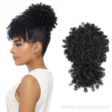 Soft Brown Black Afro Kinky Curly Chignon Bun With Bangs Short Drawstring Ponytail Puff Hair Pieces Synthetic Hair Extensions